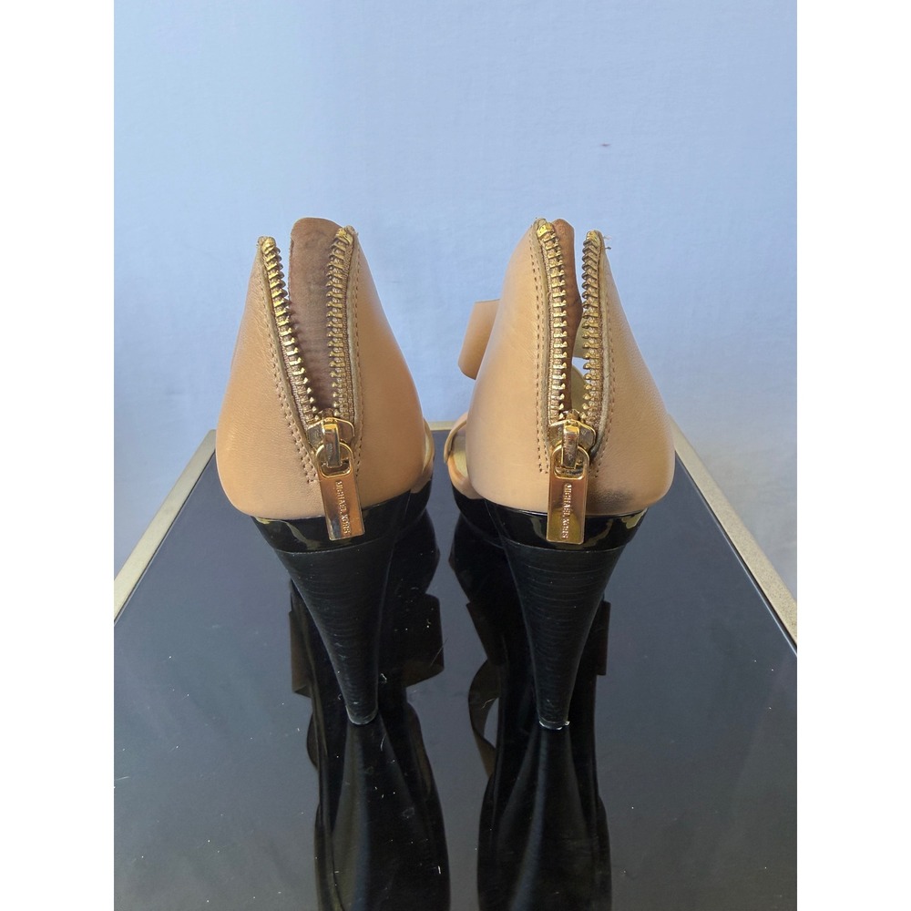 Michael Kors Tan Leather Crisscross Platform Sandals Gold Zip High Heels Womens - Picture 5 of 6